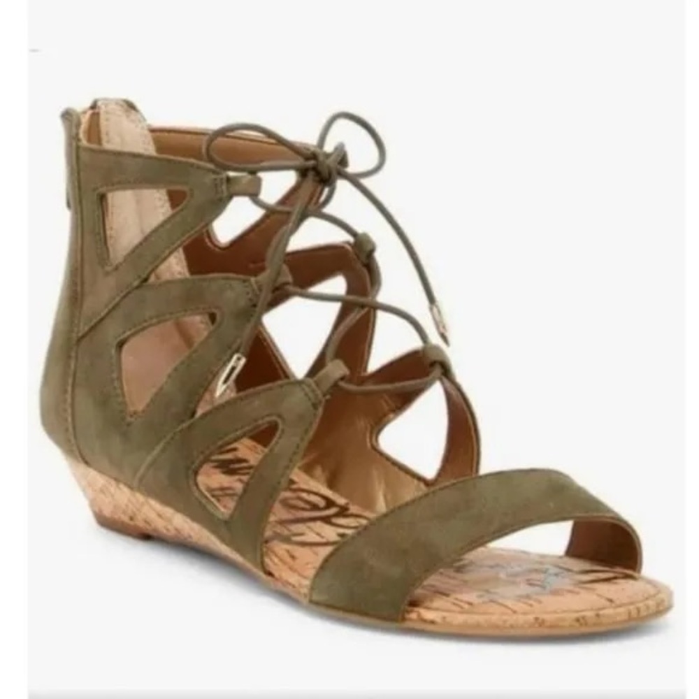 Sam Edelman moss green dean caged sandals lace up zipper back closure
